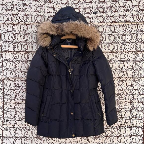 Lands End Black Shimmer Down Parka with faux fur trim hood SMALL - Picture 1 of 11